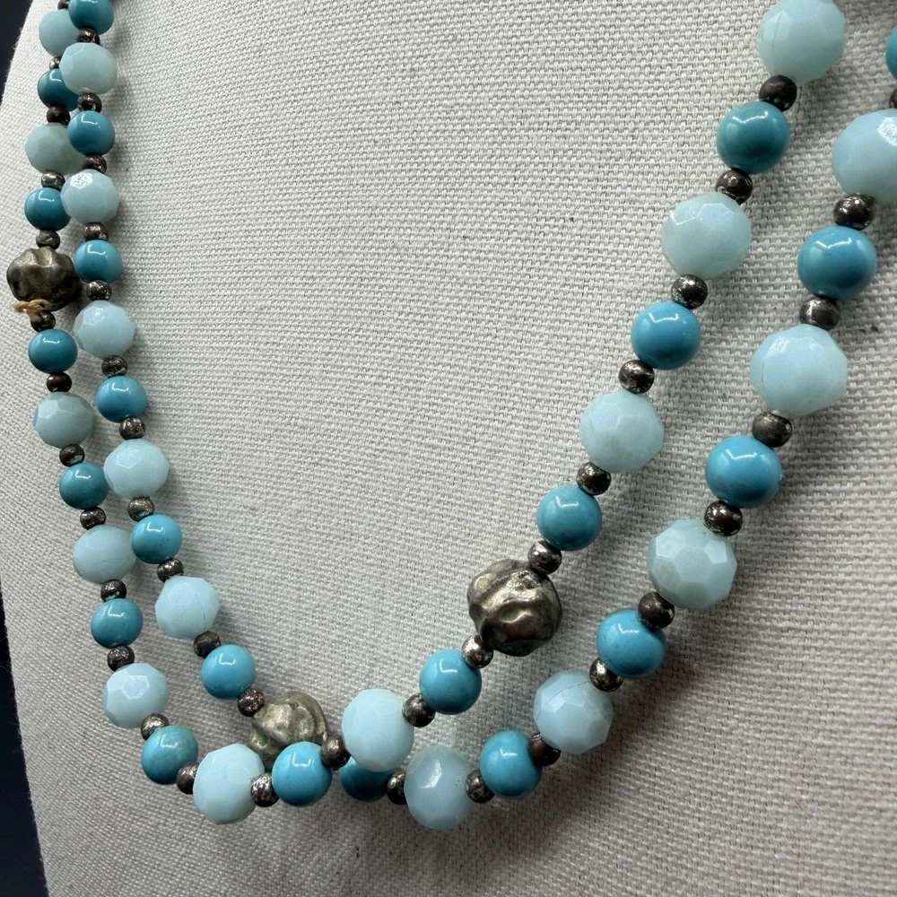 Turquoise & Silver Tone Blue Beaded Double Strand Necklace Faceted Boho Jewelry
